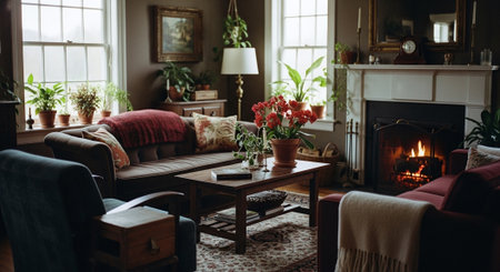 Cozy living room with fireplace, sofa, coffee table and plantsの素材