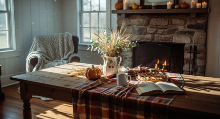 Cozy home interior with a fireplace and a table with a cup of coffeeの素材