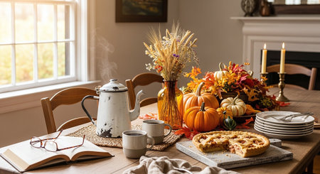 Autumn table setting with pumpkins, cup of coffee, book and autumn leavesの素材