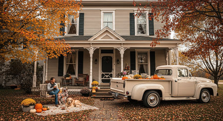Halloween pumpkin patch in fall colors with vintage car and woman sitting on porchの素材