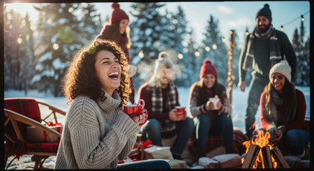 Group of friends having fun on a winter picnic, drinking hot tea.の素材