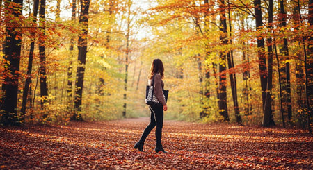 Young beautiful woman walking in autumn forest. Beautiful girl enjoying nature.の素材