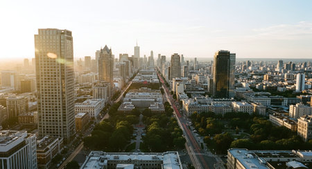 Warsaw, Poland. Aerial view of the city skyline at sunset.の素材