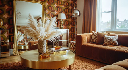 Interior of a modern living room with a brown sofa and a gold tableの素材
