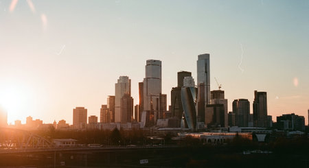 panoramic view of the city of Frankfurt am Main at sunsetの素材