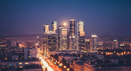 Night cityscape with skyscrapers and street lights, Moscow, Russiaの素材