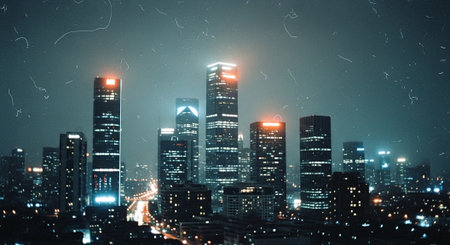 Night view of modern city with skyscrapers and high-rise buildingsの素材