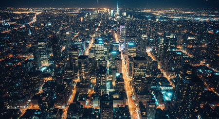 New York City Manhattan skyline at night with urban skyscrapers and lights.の素材