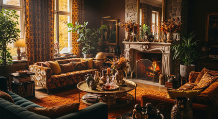 Luxury living room with fireplace, sofa, armchair and plantsの素材