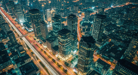 Aerial view of urban city at night in Shanghai, China.の素材
