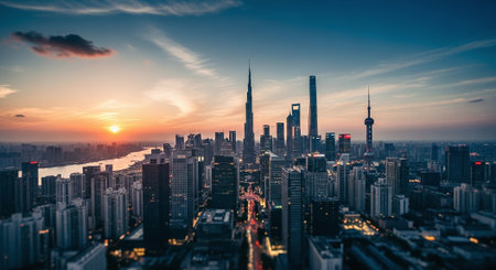Shanghai skyline at sunset, China. Shanghai is the capital of China.の素材