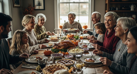 Group of multiethnic senior friends having Thanksgiving dinner together at homeの素材