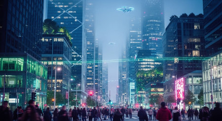 Unidentified people walking in Times Square at night. Times Square is a major commercial intersection in Manhattanの素材