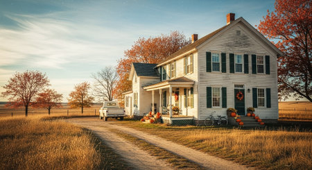 Vintage style image of an old house in the middle of a rural setting.の素材