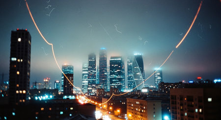 Double exposure of cityscape at night with glowing lines and connection linesの素材