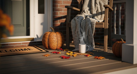 Autumn still life with a cup of coffee and a knitted sweater on the porch of the house.の素材