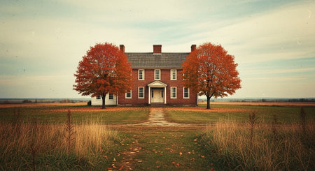 Vintage landscape image of old house in autumnal meadow.の素材