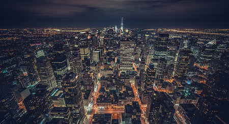 New York City Manhattan skyline at night with skyscrapers and urban architecture.の素材
