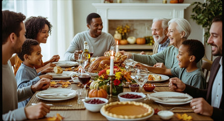 Happy family having Thanksgiving dinner together at home. Selective focus.の素材