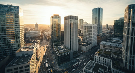 Aerial view of Frankfurt am Main skyline at sunset, Germany.の素材