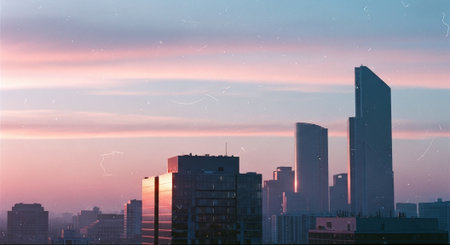 Cityscape with skyscrapers at sunset. Panoramic viewの素材
