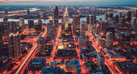 Aerial view of Chicago downtown at sunset, Illinois, USA.の素材
