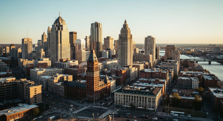 Panoramic aerial view of Boston, Massachusetts, USA at sunset.の素材
