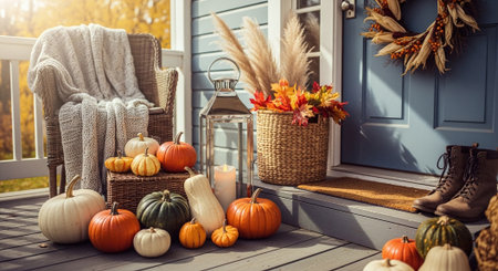 Pumpkins and autumn leaves on the porch of a country houseの素材
