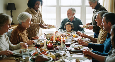 Group of multiracial family members having a meal together at homeの素材