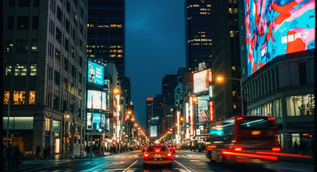Traffic on the street in Manhattan at night.の素材