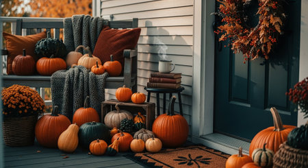 Pumpkin patch with autumn decor on the porch of the houseの素材