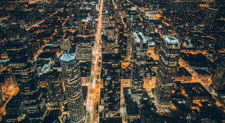 Aerial view of New York City Manhattan midtown skyscrapers at night.の素材