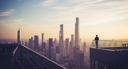Businessman standing on the top of skyscraper and looking at sunriseの素材