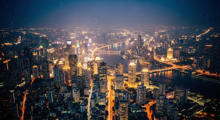 Aerial view of Shanghai skyline at night, China. Panoramic image.の素材