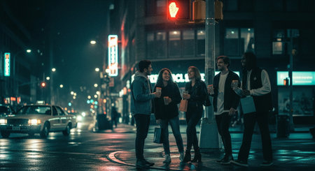 Group of young people walking in the city at night, urban sceneの素材