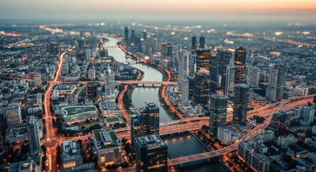Aerial view of Dubai downtown at sunset, United Arab Emirates.の素材