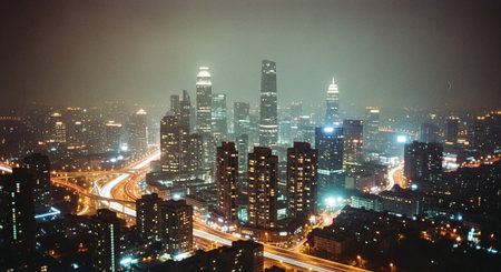 Shanghai skyline at night, China. Photo in old image style.の素材