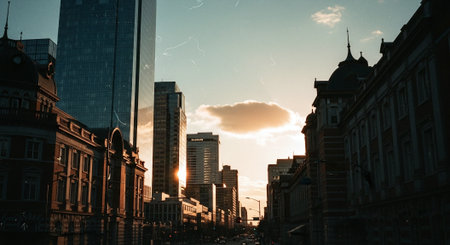 Canary Wharf at sunset. Canary Wharf is a major business district in London, England, United Kingdom.の素材