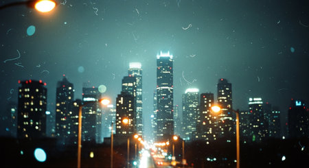 Night view of the city. 3d rendering, double exposure.の素材