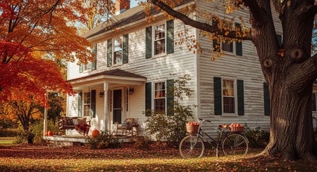 Autumn maple leaves with a bike in front of an old houseの素材