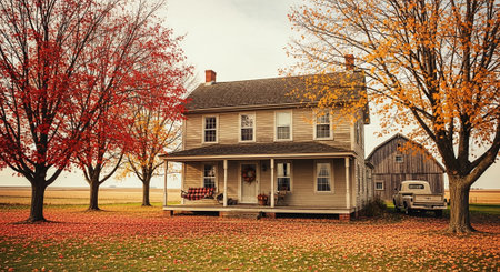 Autumn Landscape with old house and red maple trees in the countryside.の素材