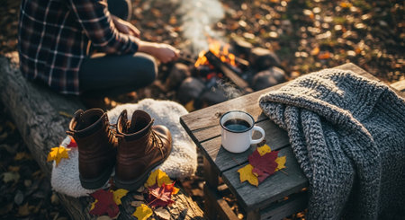 Cup of coffee and warm clothes on wooden table in autumn forestの素材