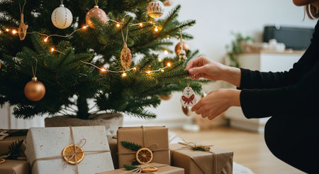 cropped view of woman decorating christmas tree with garlandの素材