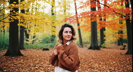 Beautiful girl in a sweater in the autumn forest. Autumn mood.の素材