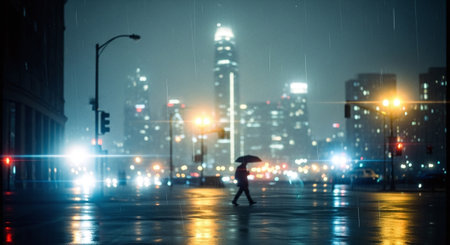 Silhouette of a man with an umbrella in the city at nightの素材