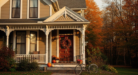 Autumn in the park. Beautiful old house with a porch and a bicycleの素材