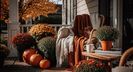 Autumn terrace with pumpkins and knitted warm sweatersの素材