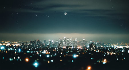 Night view of the city and the moon. The concept of urbanization.の素材