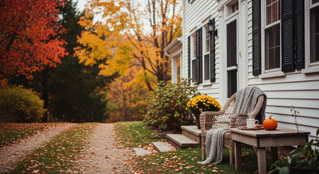 Autumnal garden with cozy chair and table in front of the houseの素材