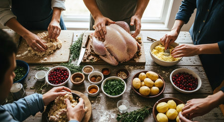 Cropped image of a group of friends preparing a turkey dinner at homeの素材